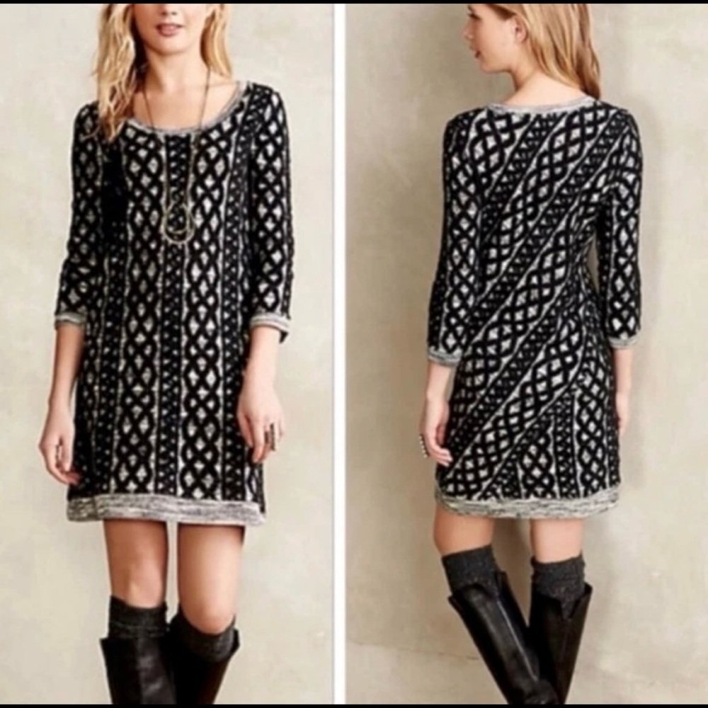 Anthropologie Moth Black and White Geometric Long Sleeve Sweater Dress, Size XL